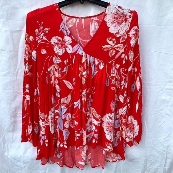 Free People Bella Red Floral Print Bohemian Flowy Tropical Tunic - Picture 3 of 10